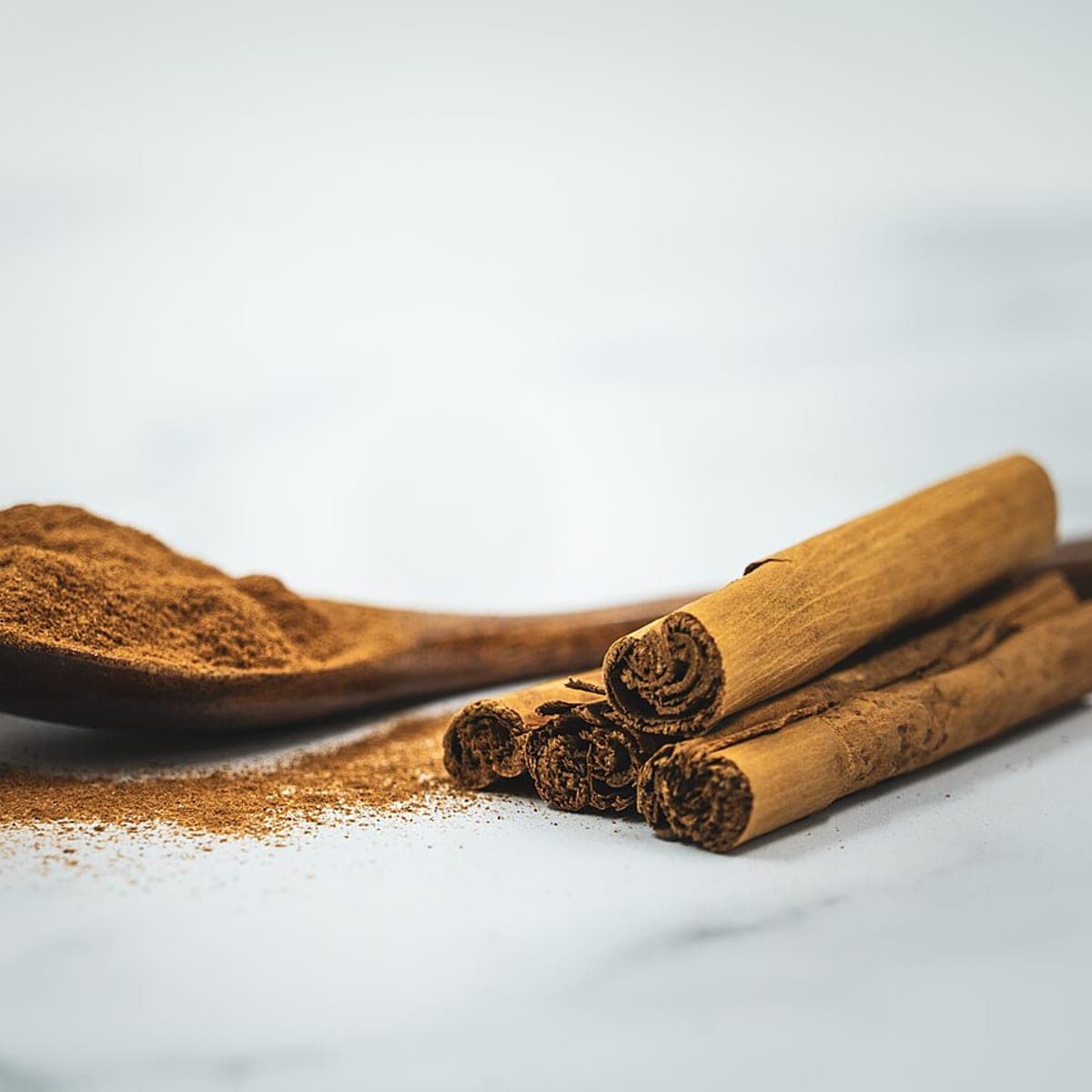 Sample image: rolled quills of dried bark beside a wooden spoon of the same bark milled to a powder.